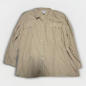 Vintage Silk Land Women's 2XL Beige Safari 100% Silk Long Sleeve Button Shirt